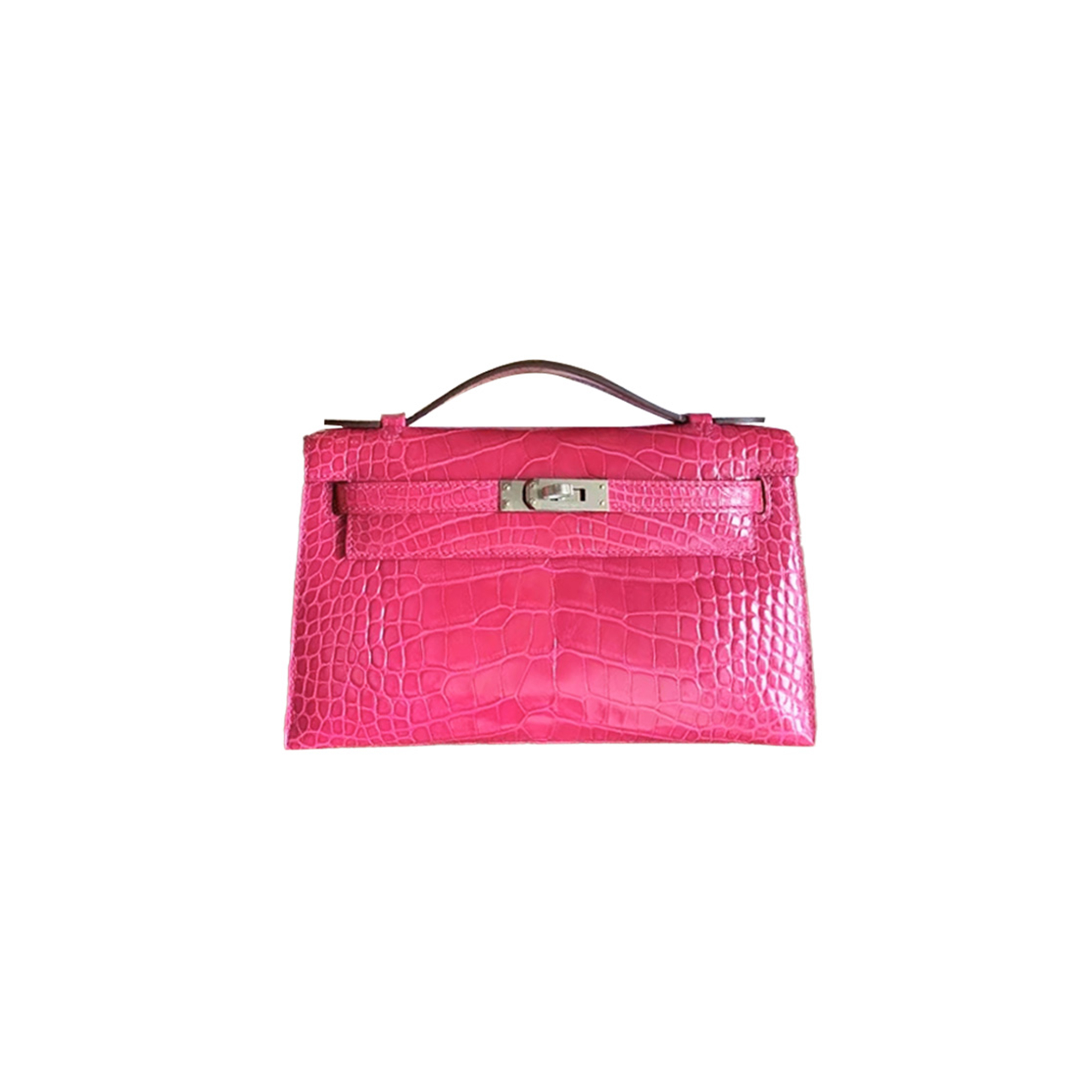 H**mes master mini kelly clutch glossy crocodile peach pink silver buckle (22*14*7cm)